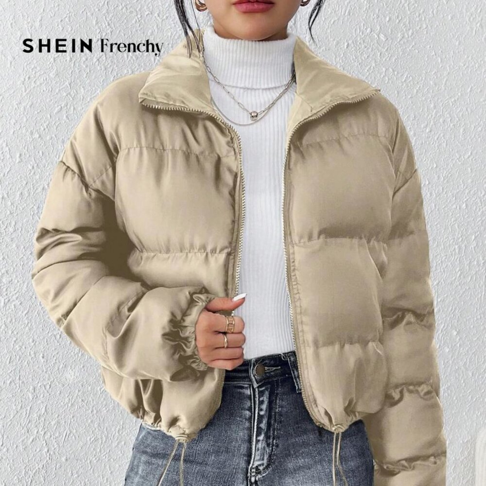 SHEIN Frenchy Zip-Up Puffer Coat – Beige
